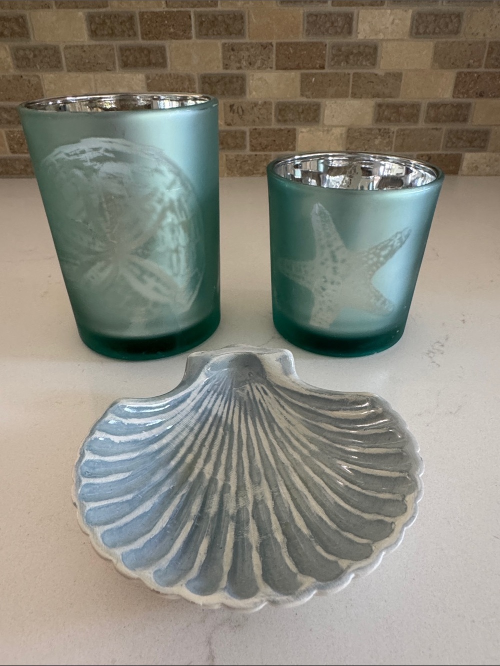 Coastal Teal Glass Votive Candle Holders and Shell Dish Set